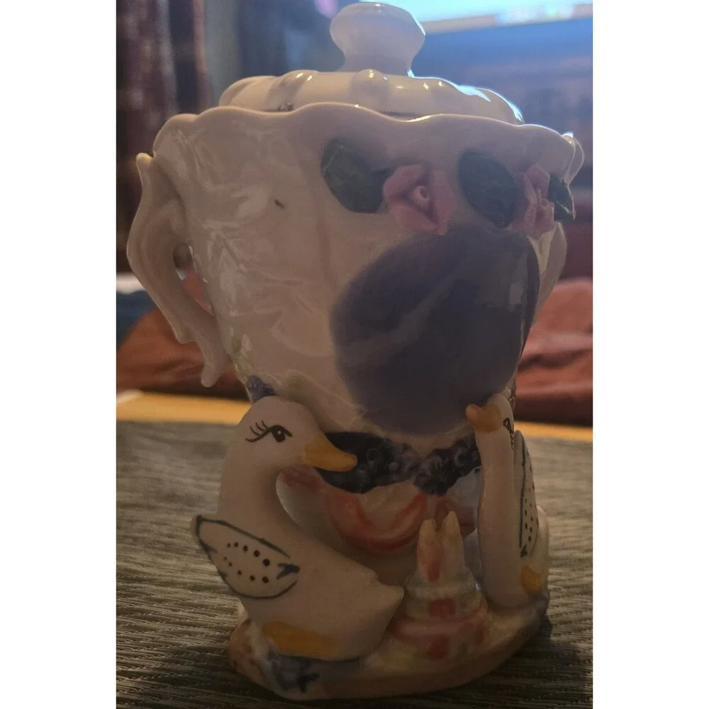 RARE GEESE CERAMIC SUGAR BOWL TWO DRESSED UP GEESE WHITE BLUE & PINK W/ LID